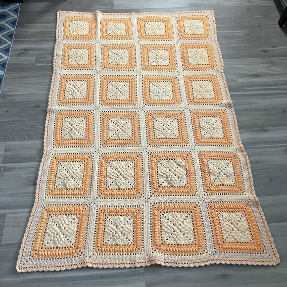 VTG Granny Square Crochet Afghan Quilt Blanket Throw Orange Peach 48” x 74” - Picture 1 of 4